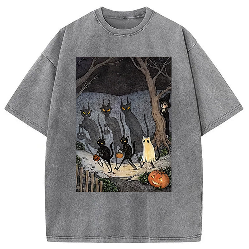 bbb Black Cat Ghost Halloween Washed T-Shirt