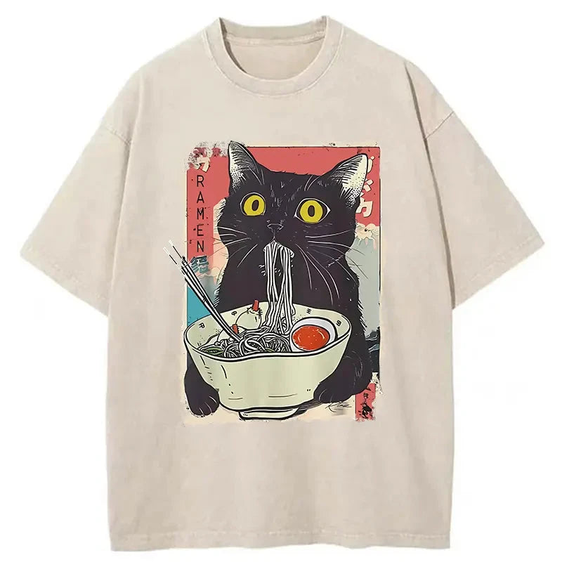 bbb Cute Cat Eating Ramen Washed T-Shirt