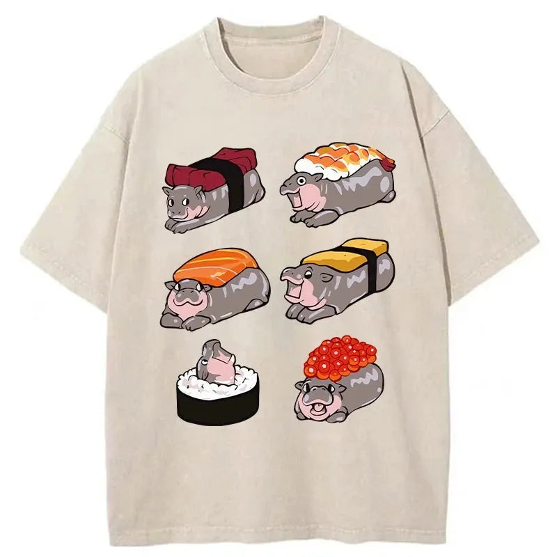 bbb Cute Hippo Sushi Washed T-Shirt
