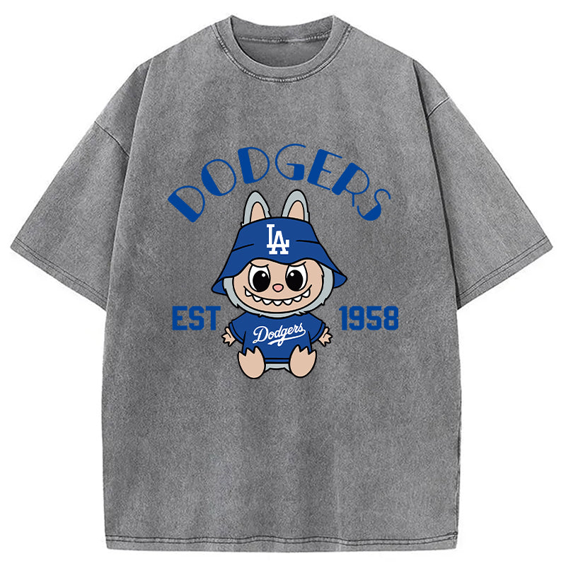bbb Labubu Dodgers Dream Baseball Vintage Japanese Washed T-Shirt