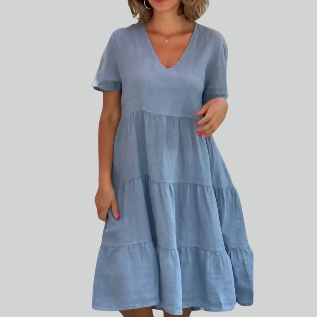 Cotton Linen Casual Women's Dress - Short Sleeve V-neck Swing Summer S-5XL