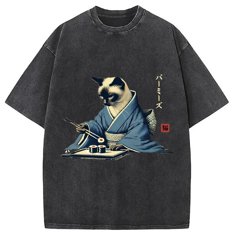 bbb Cat In Kimono Eating Sushi Washed T-Shirt