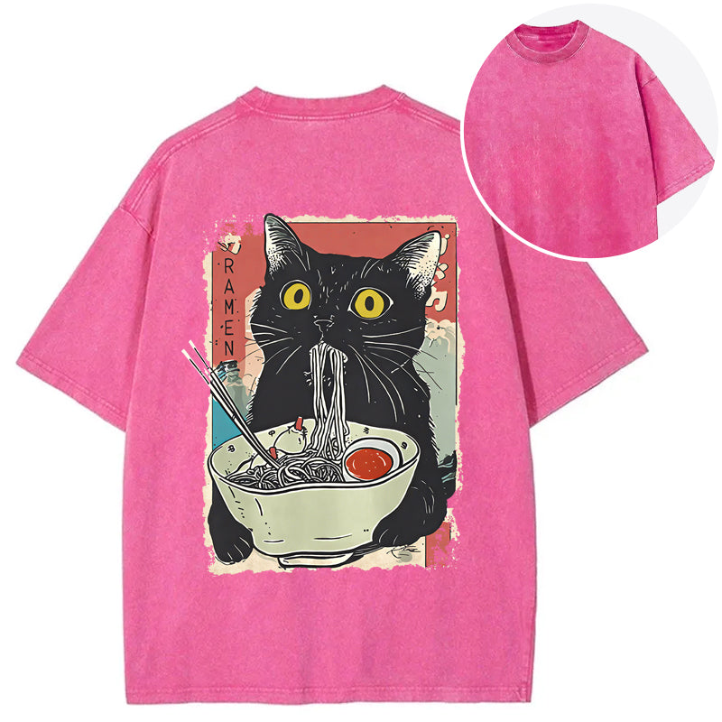 bbb Cute Cat Eating Ramen Back Washed T-Shirt