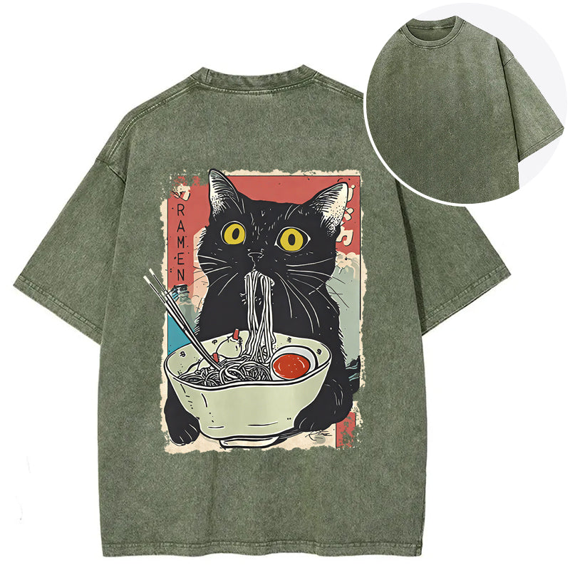 bbb Cute Cat Eating Ramen Back Washed T-Shirt