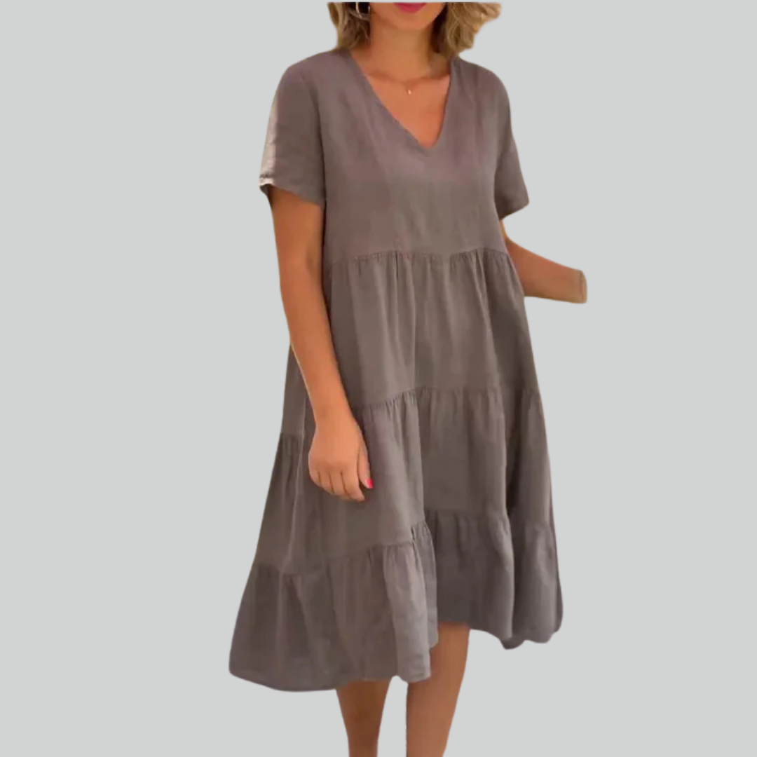 Cotton Linen Casual Women's Dress - Short Sleeve V-neck Swing Summer S-5XL