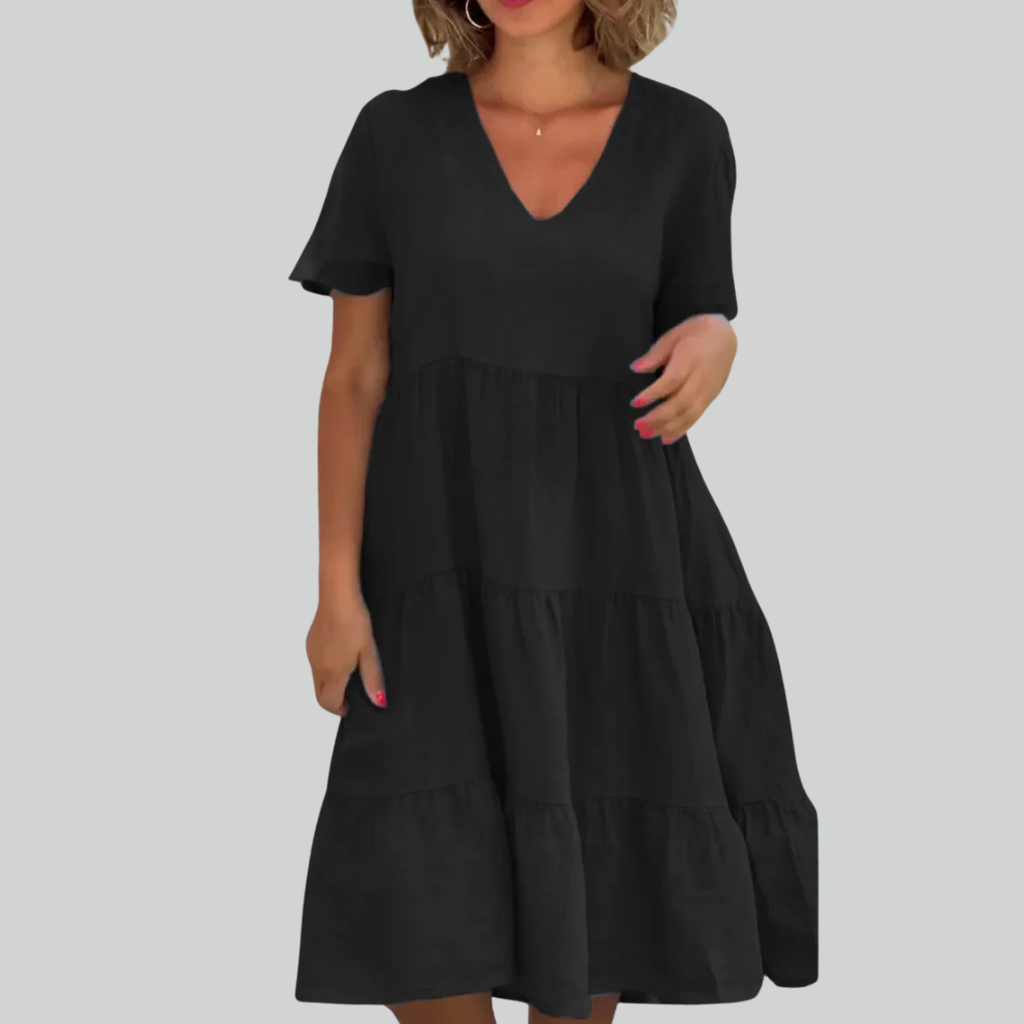 Cotton Linen Casual Women's Dress - Short Sleeve V-neck Swing Summer S-5XL