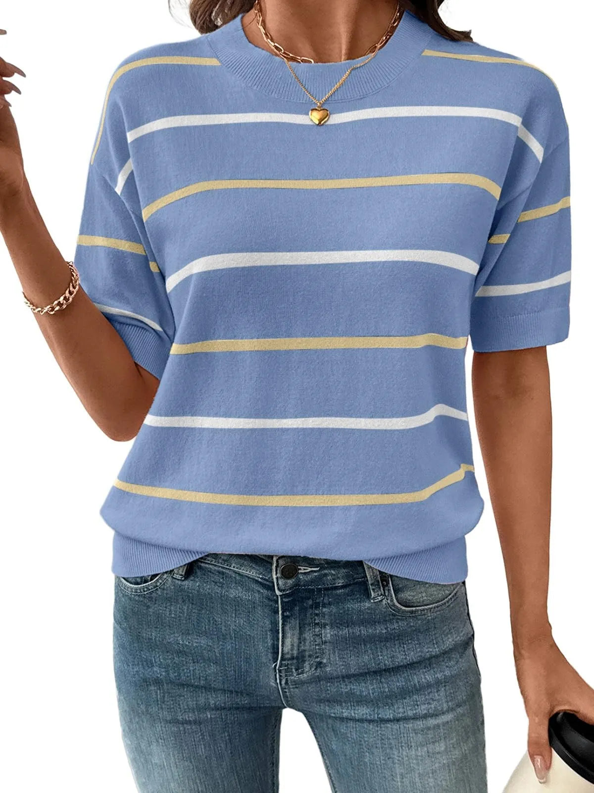 2026 Women's Knitted Striped Crewneck Short Sleeve Sweater