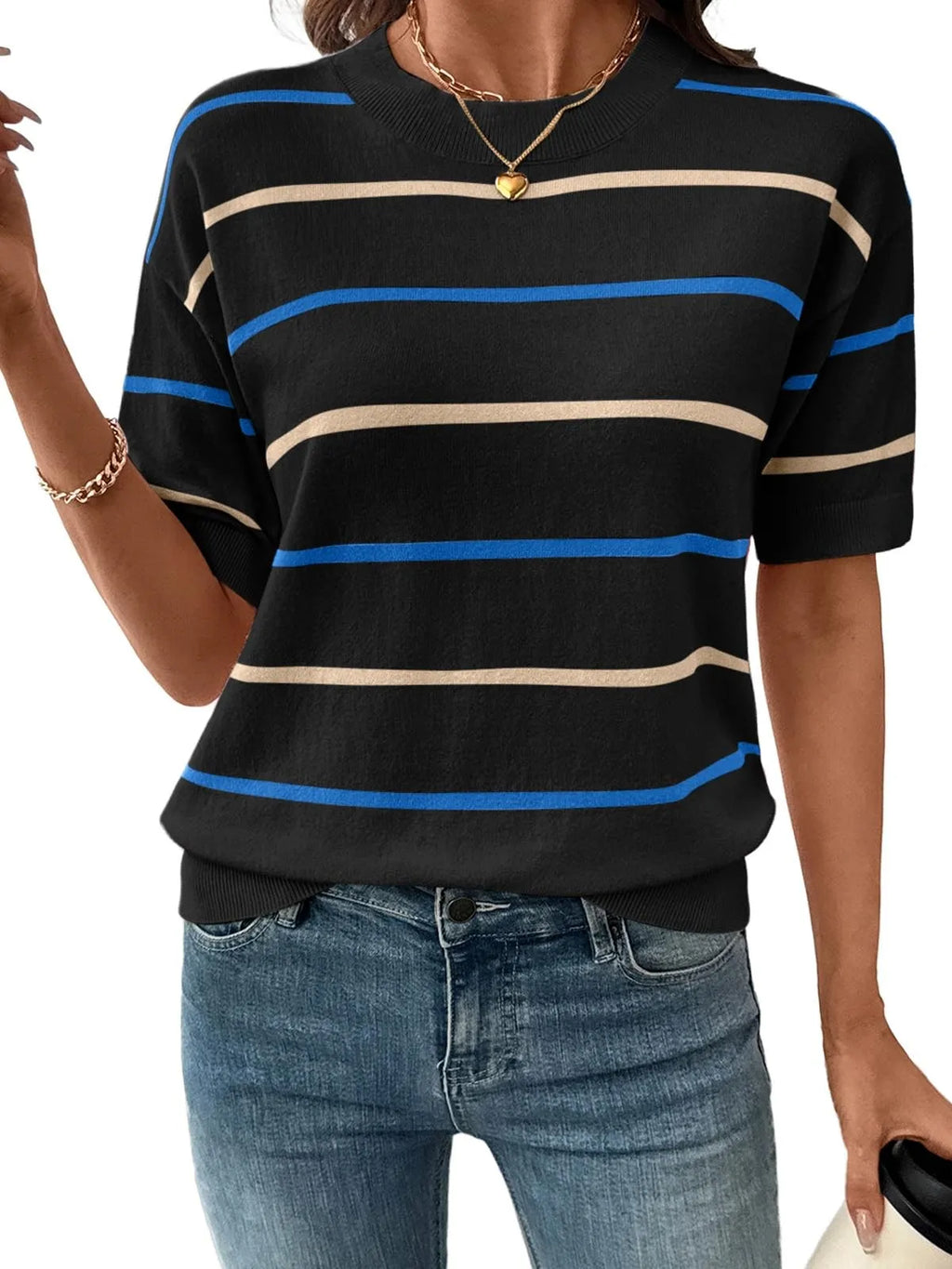 2026 Women's Knitted Striped Crewneck Short Sleeve Sweater