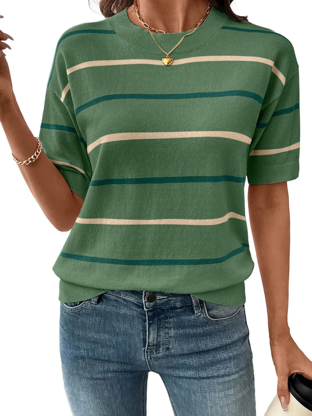 2026 Women's Knitted Striped Crewneck Short Sleeve Sweater