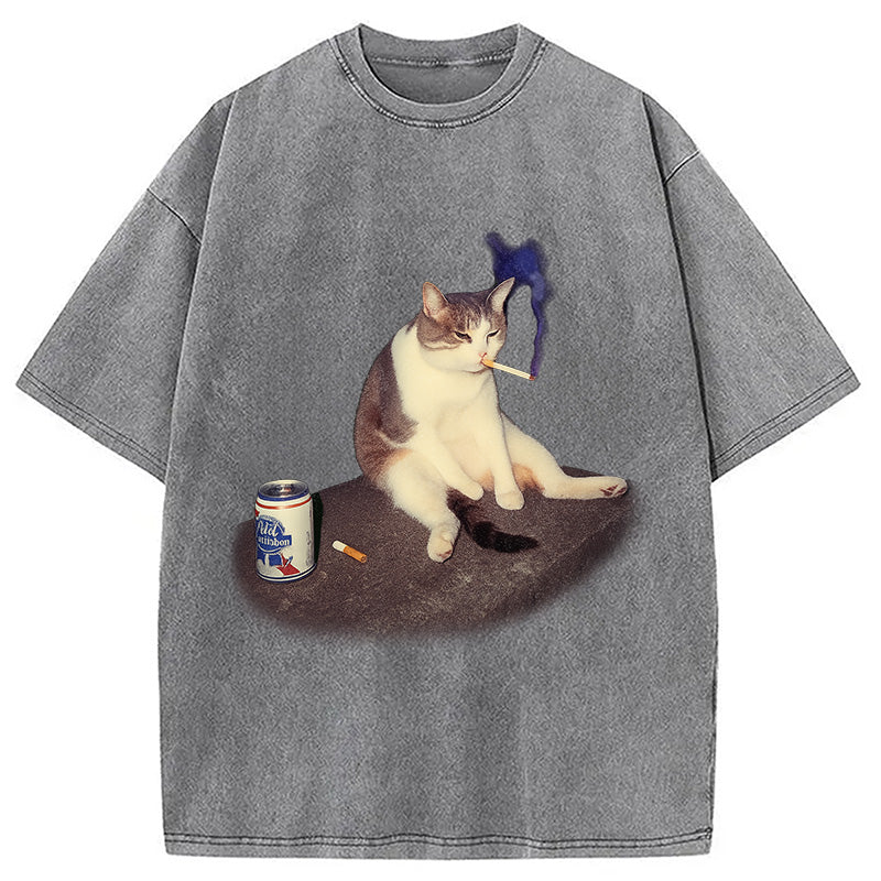 bbb Custom Cat Smoking Meme Washed T-Shirt