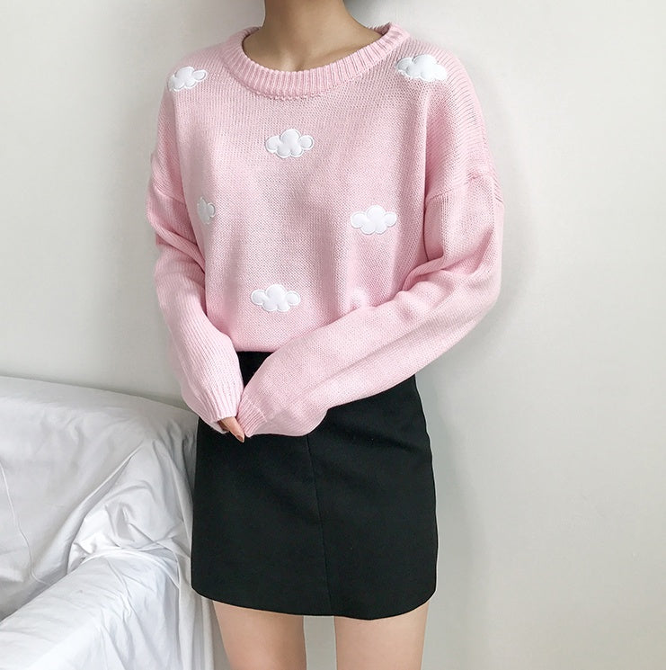 Oversized Cozy Women’s Sweater - Cloud Applique Knit Casual