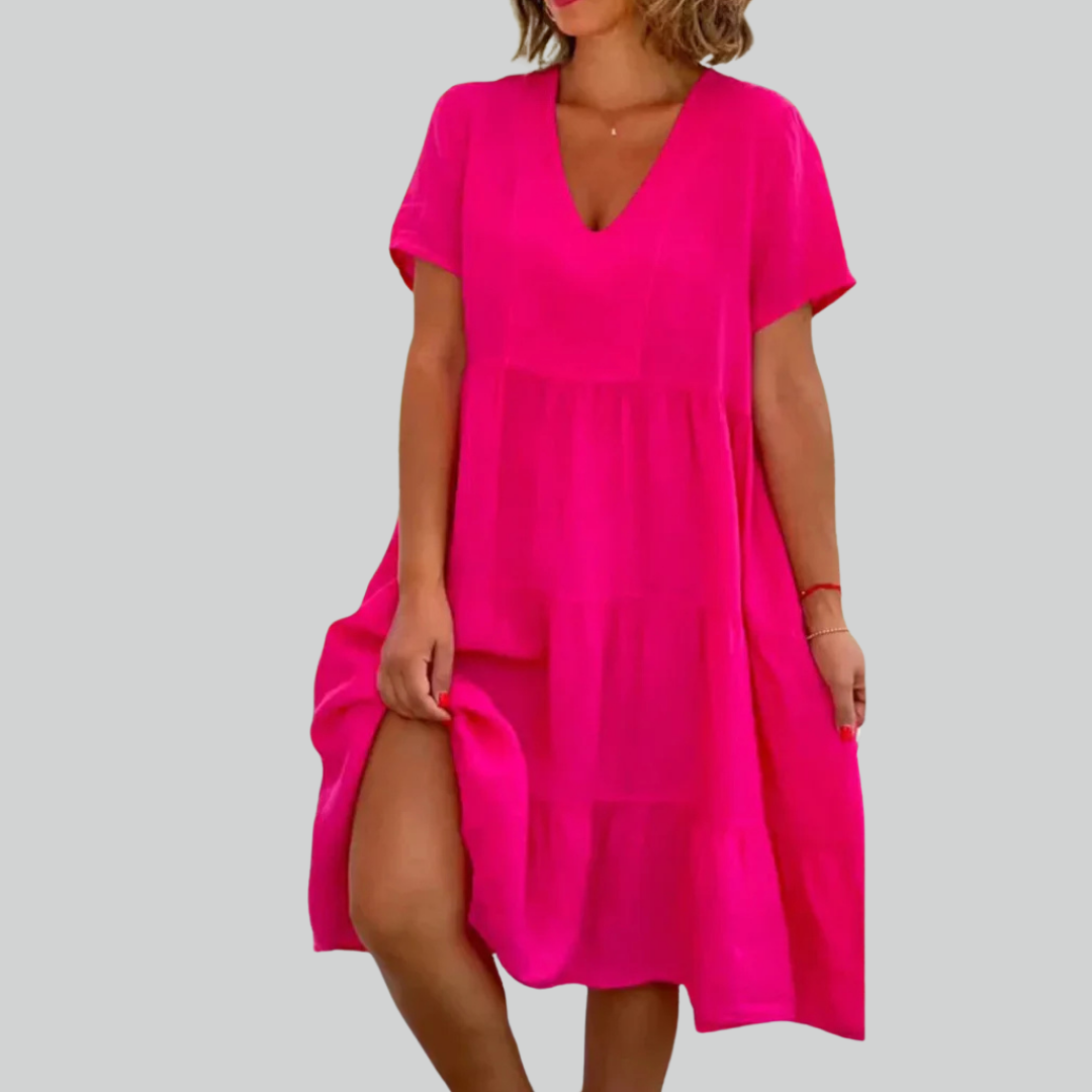 Cotton Linen Casual Women's Dress - Short Sleeve V-neck Swing Summer S-5XL