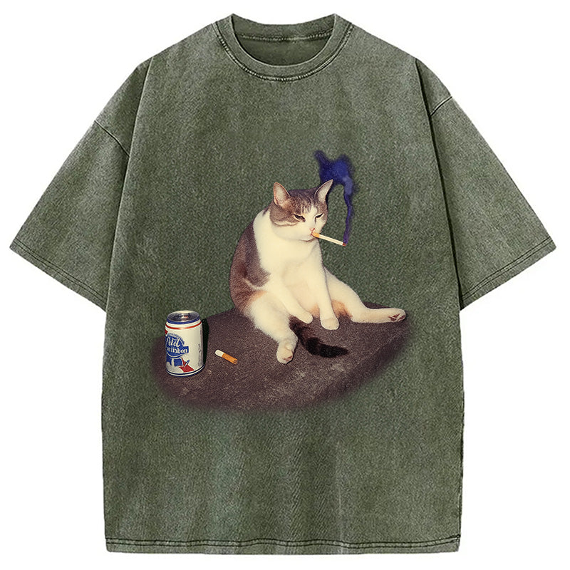 bbb Custom Cat Smoking Meme Washed T-Shirt