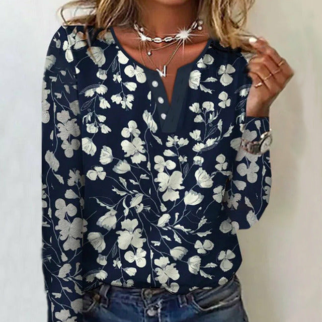 Floral Print Womens Blouse with Round Neck and Button Detail, Casual Full-Length Top for Spring and Autumn