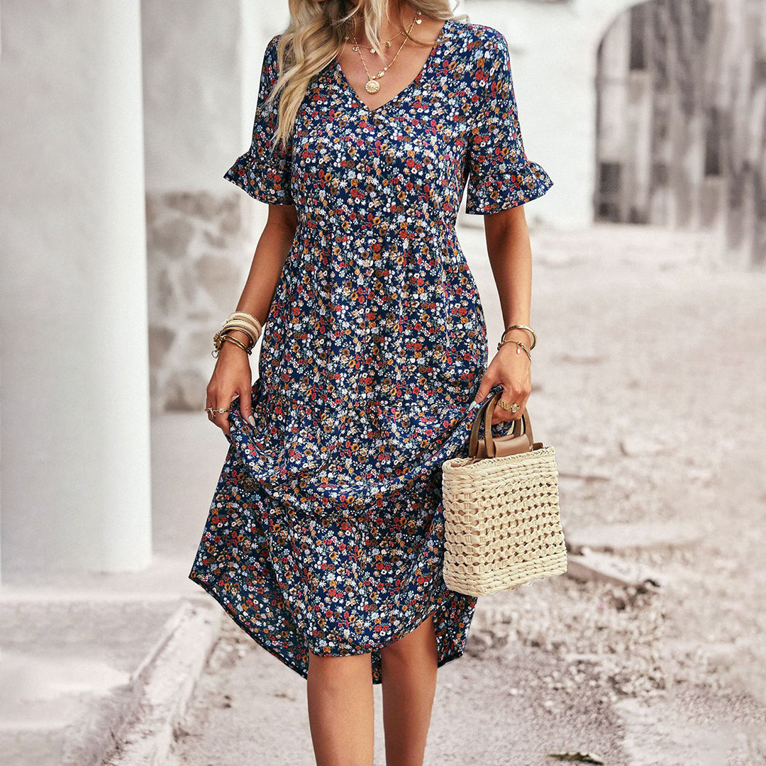 Elegant Floral Print Midi Dress - Versatile Summer Wedding Guest Dress for Work and Social Occasions