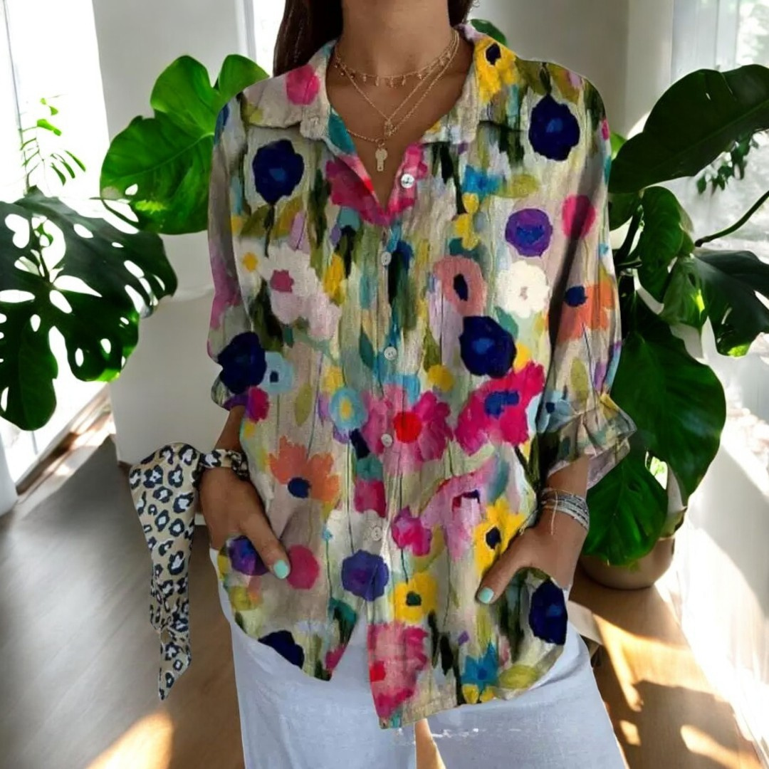 Vintage Floral Womens Blouse, Lightweight Summer Top with Button Front and Relaxed Fit