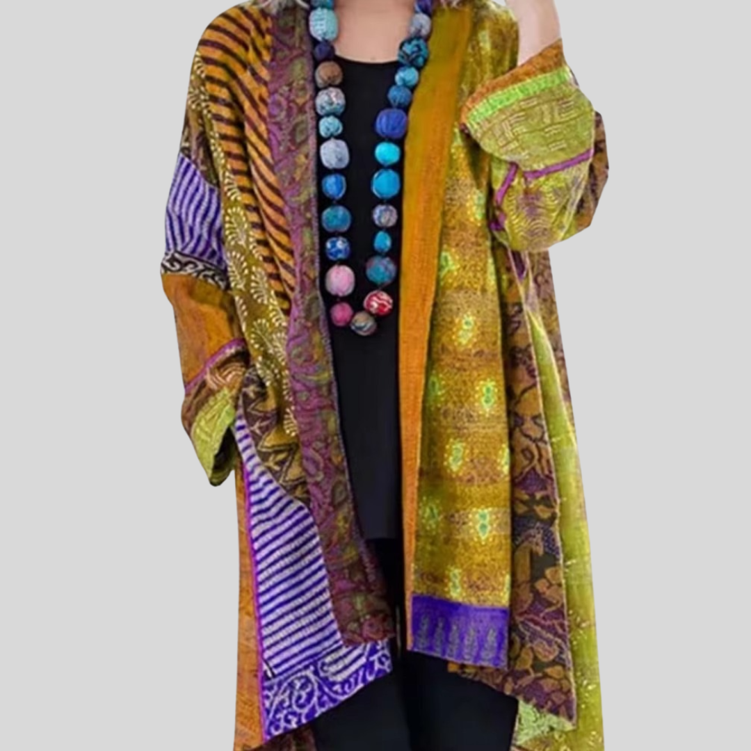 Vintage Cotton Linen Ethnic Print Cardigan - Large Size Long Sleeve Women's Sweater