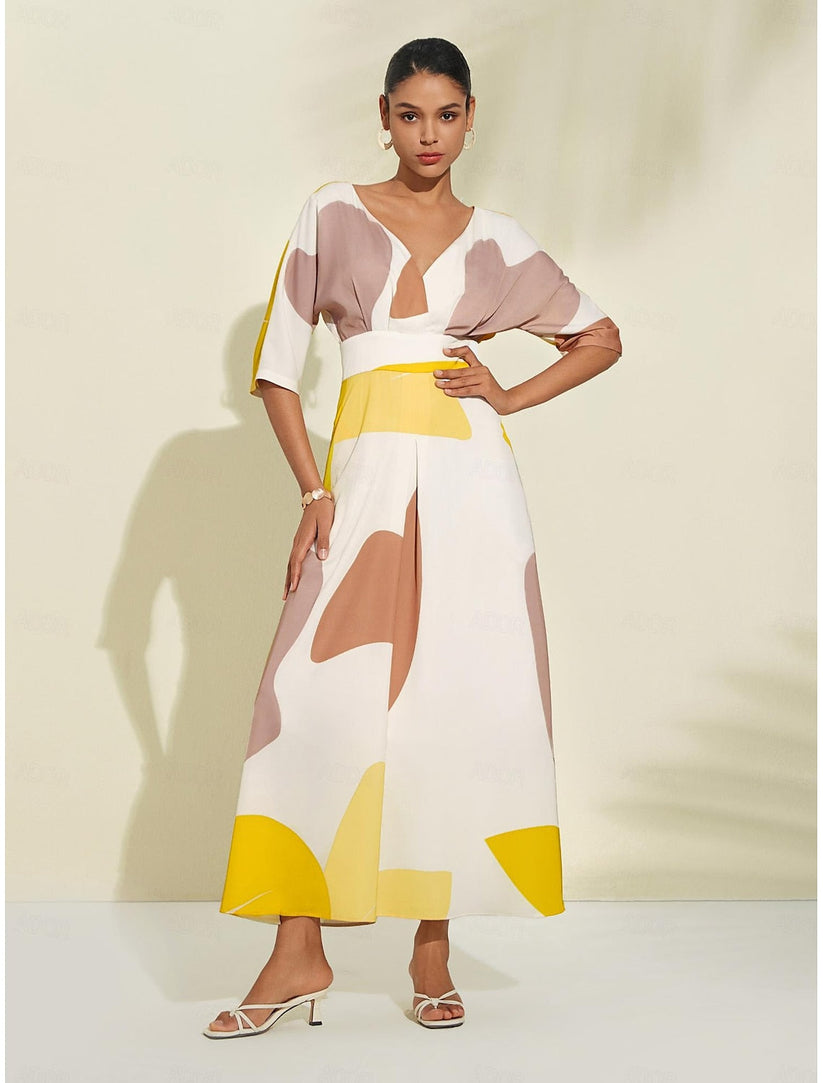 Elegant Long Summer Dress with Playful Neckline and Three-Quarter Sleeves - Lightweight Women Dress for Casual and Special Occasions