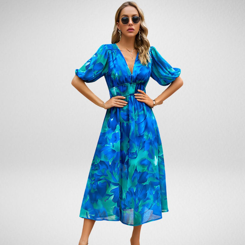 Elegant Printed Midi Dress with Three-Quarter Sleeves for Women - Versatile Midi Dress for Any Occasion