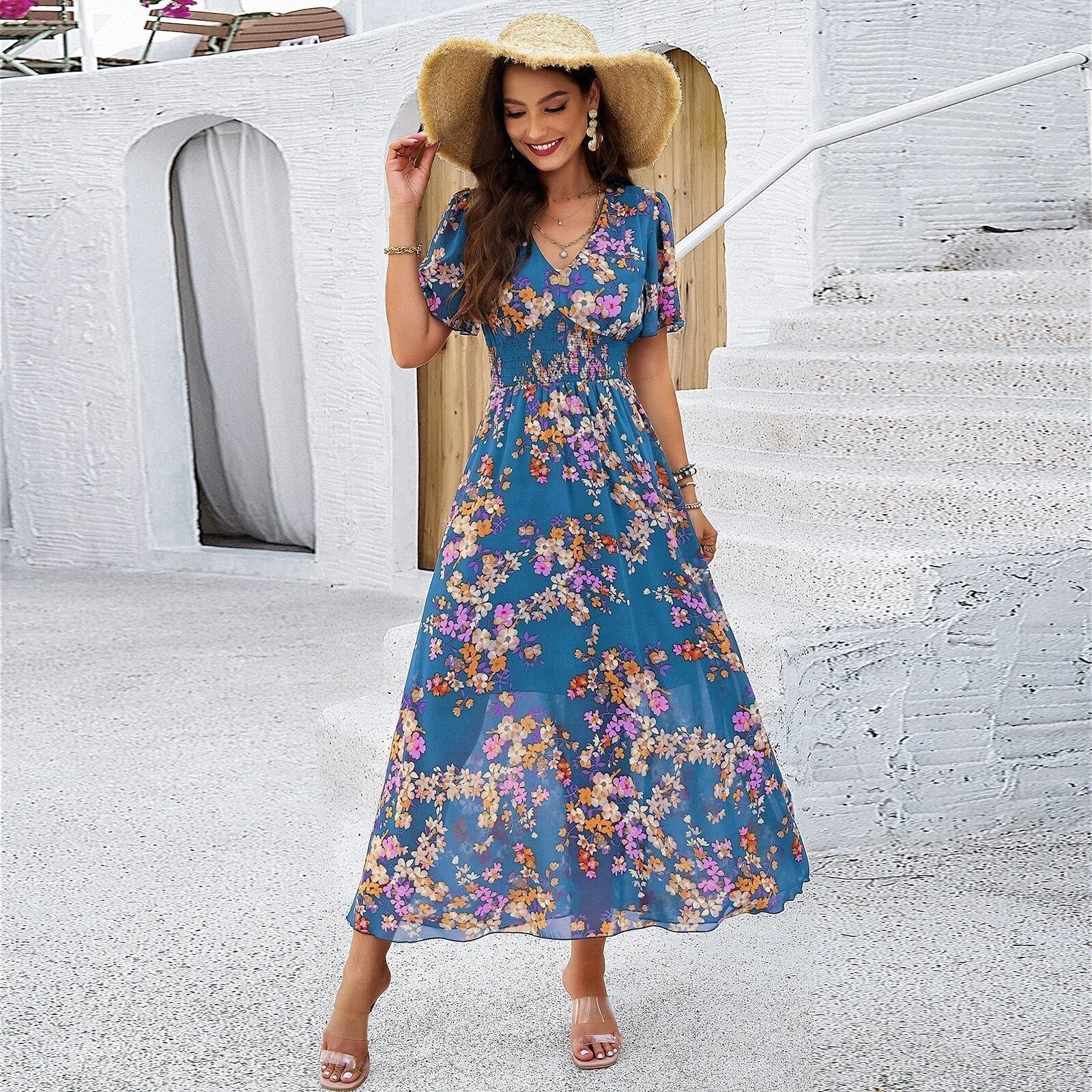 Floral Print Summer Dress for Women - Elegant Casual or Formal Wear, Lightweight Comfortable Fit, Knee-Length, Available in Multiple Colors