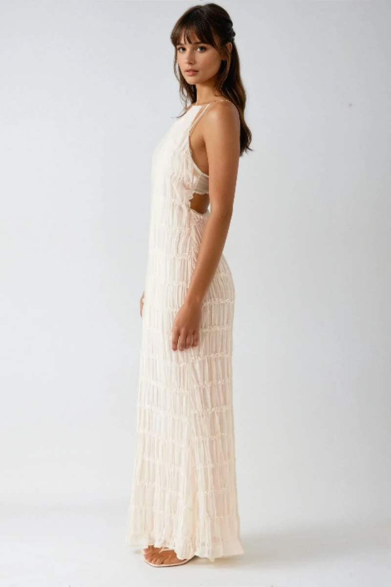 Ethereal Halter Maxi Dress in Soft Nude with Pleated Layers - Elegant Long Dress for Women, Full-Length Design