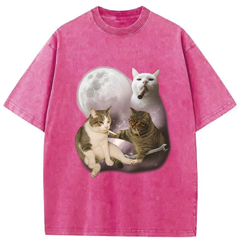 bbb Three Cat Smoking Retro Washed T-Shirt
