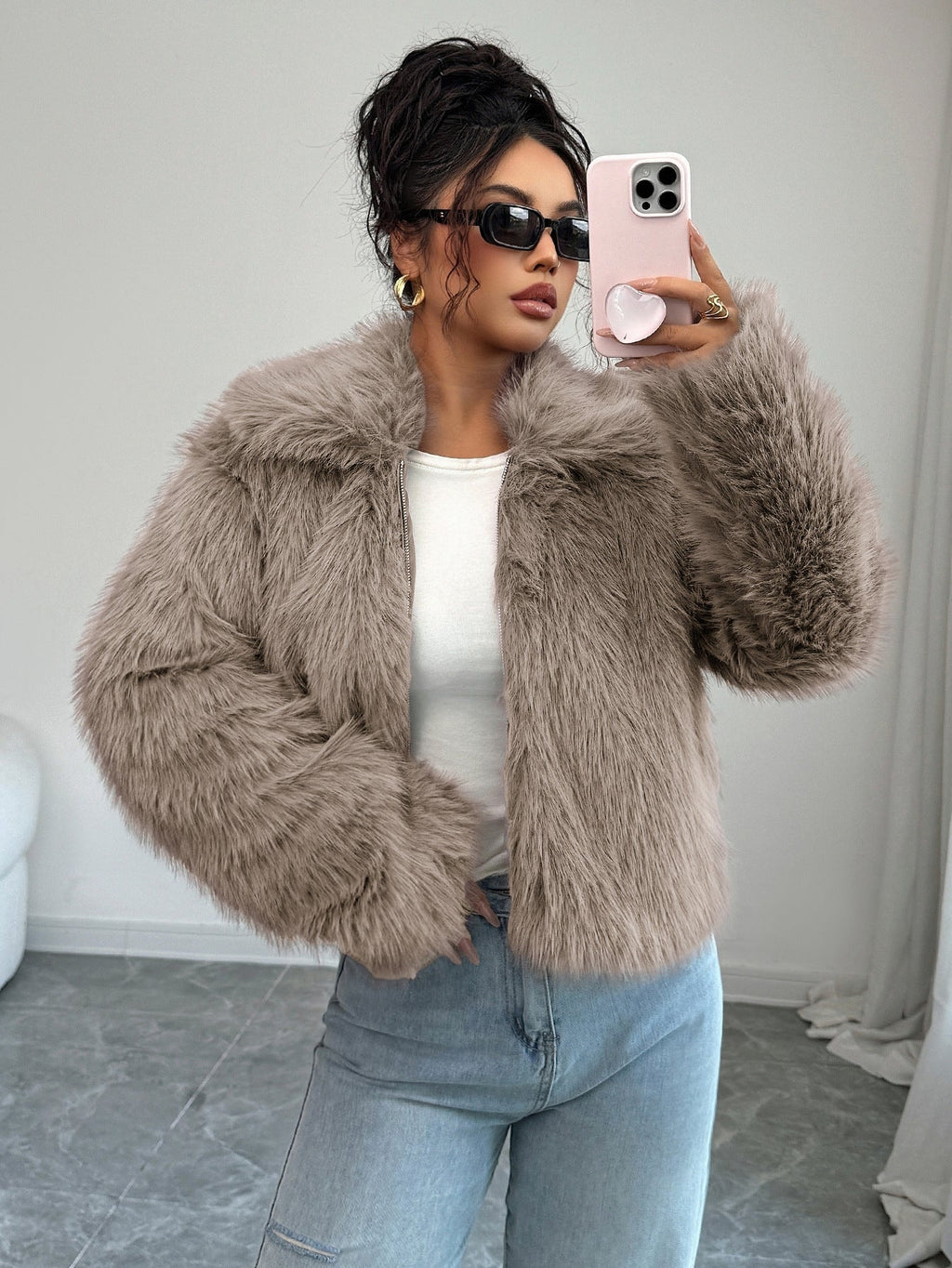 Warm Cozy Women’s Overcoat - Boxy Hip, Faux Fur, Winter
