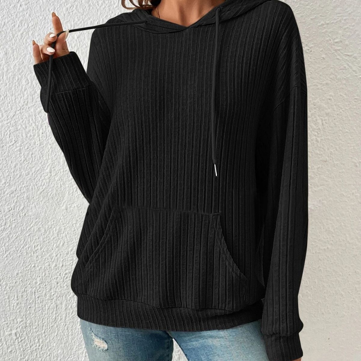 Soft Relaxed Women's Hooded Pullover - Ribbed Knit, Casual