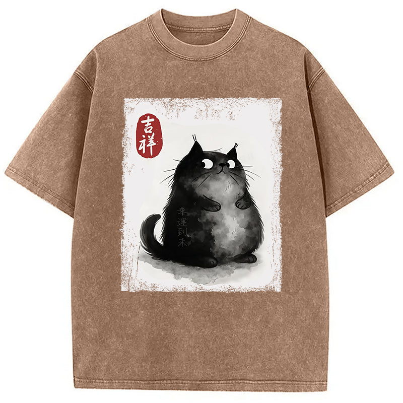 bbb Auspicious Fluffy Black Cat Washed T-Shirt