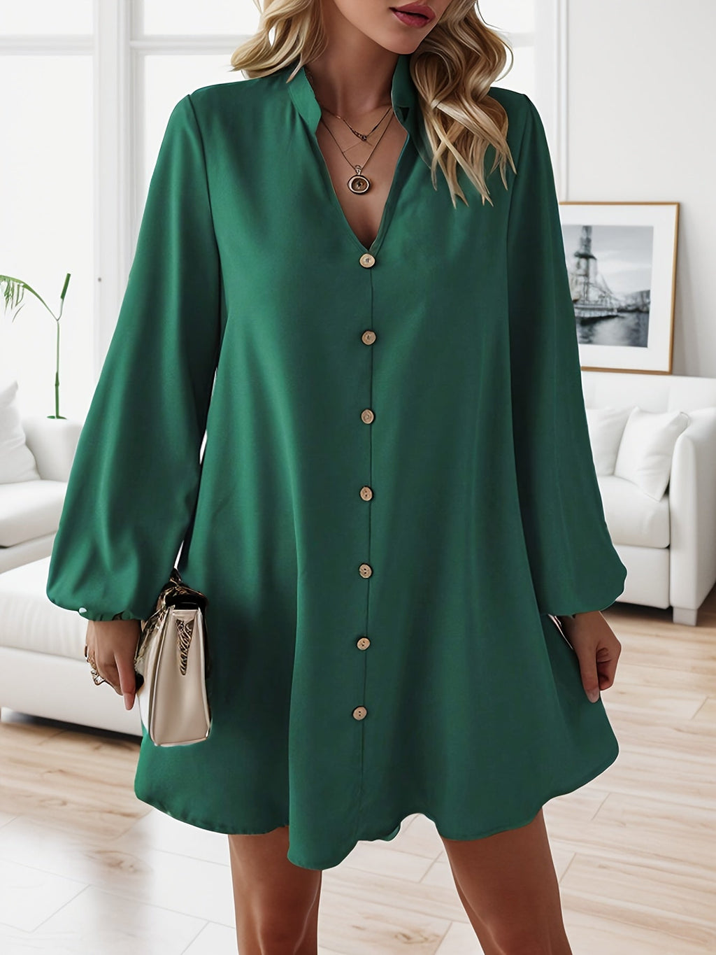 Airy Casual V-Neck Long Sleeve Dress for Women, Loose Fit Summer Midi Dress in Multiple Colors