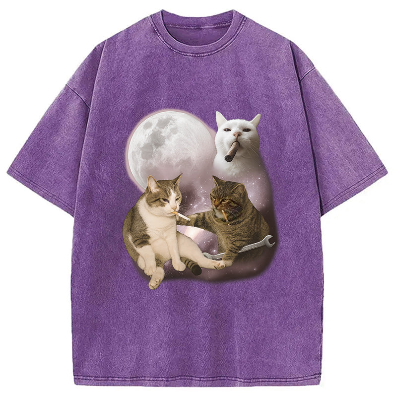 bbb Three Cat Smoking Retro Washed T-Shirt