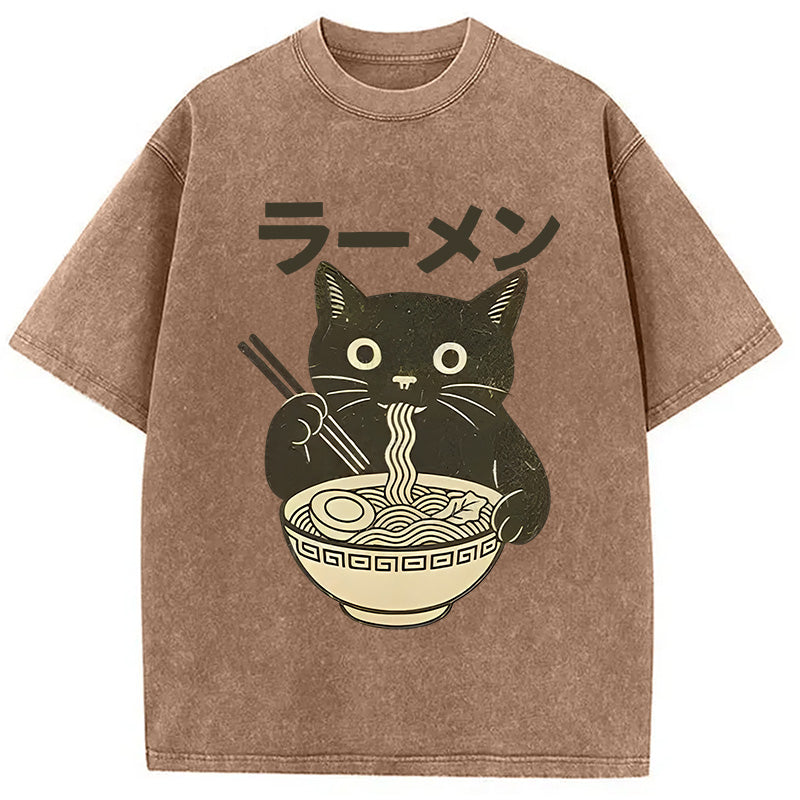 bbb Simple Black Cat Eating Ramen Washed T-Shirt