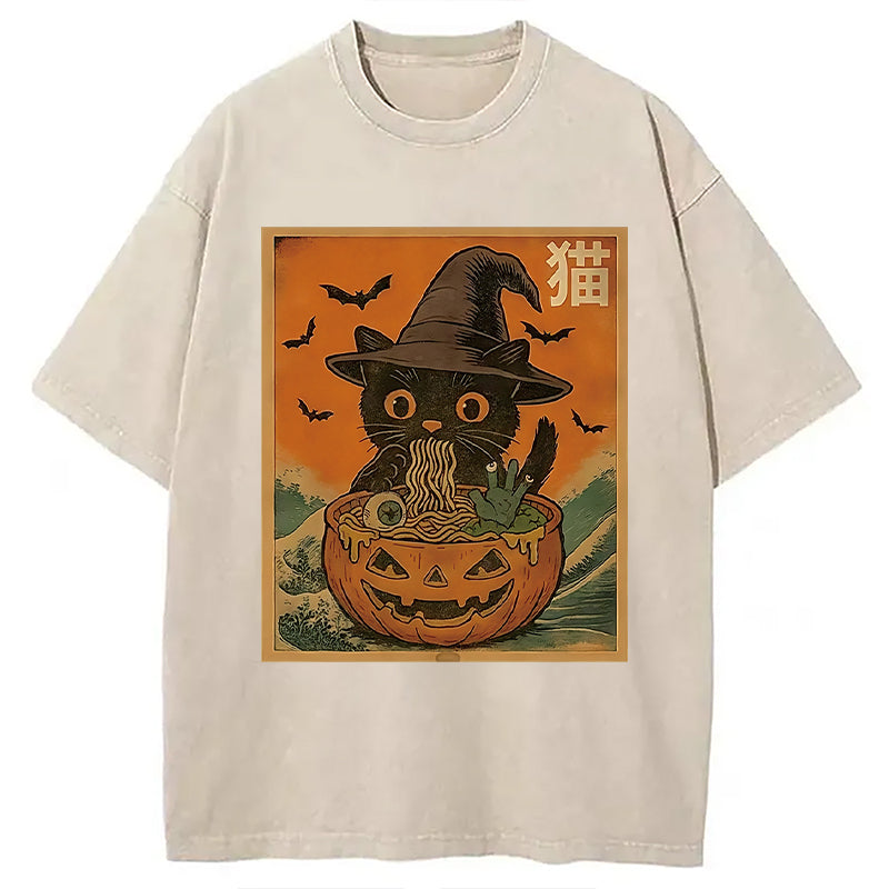 bbb Halloween Cat Eating Ramen Washed T-Shirt