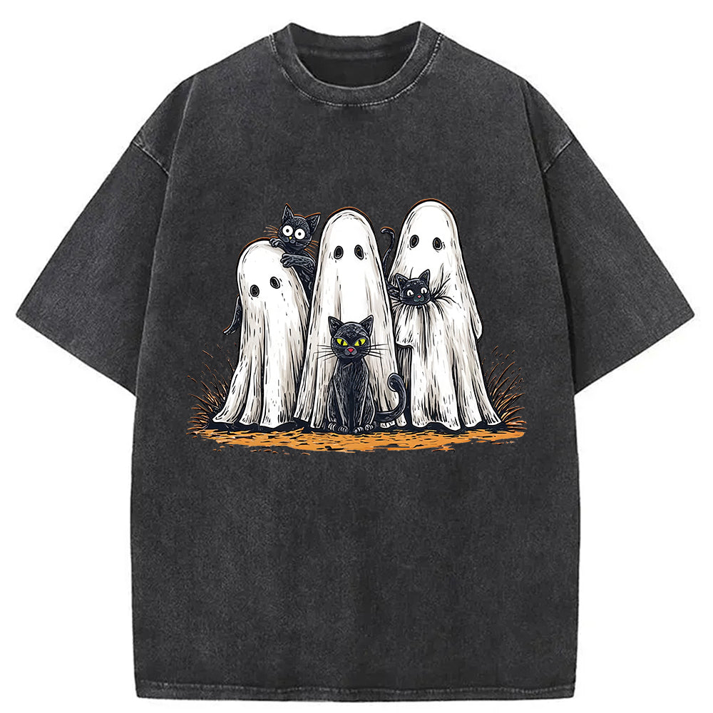bbb Black Cat Ghost Halloween Washed T-Shirt