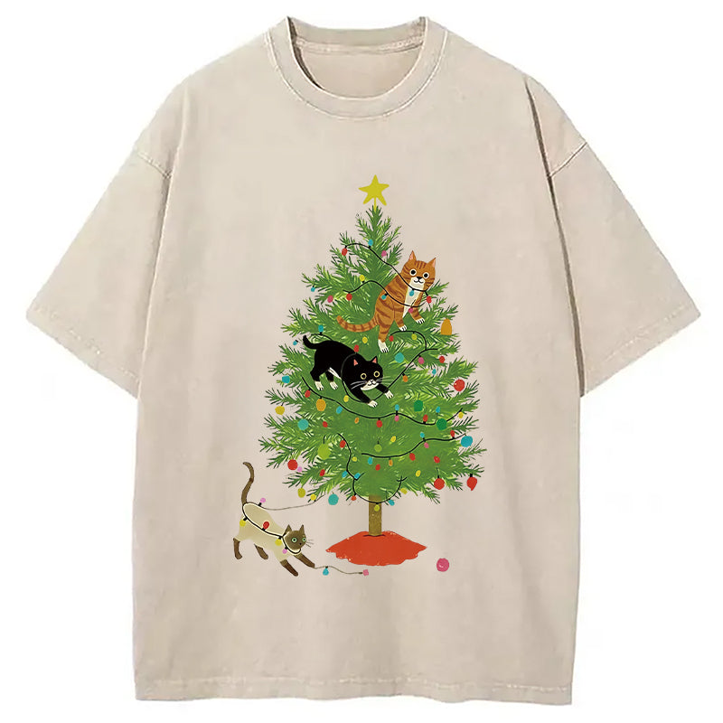 bbb Cats Playing On The Christmas Tree Washed T-Shirt