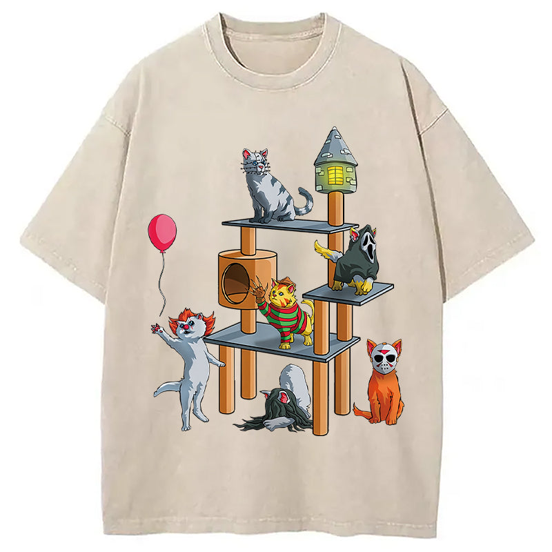 bbb Funny Cat Horror Movies Cute Halloween Washed T-Shirt