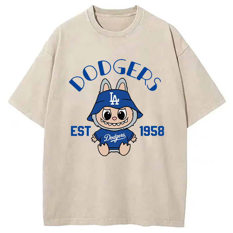 bbb Labubu Dodgers Dream Baseball Vintage Japanese Washed T-Shirt