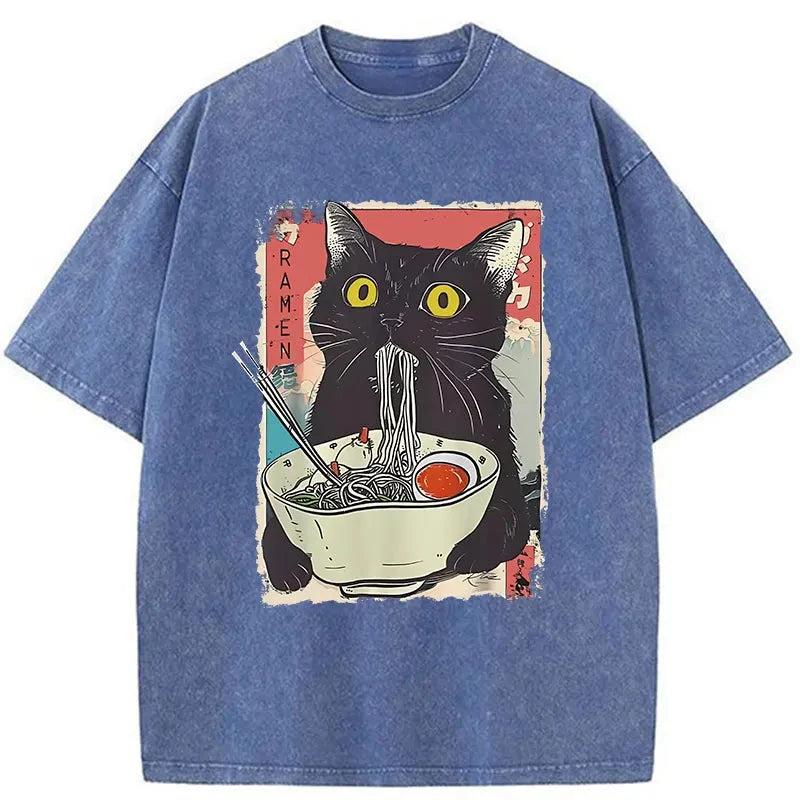 bbb Cute Cat Eating Ramen Washed T-Shirt