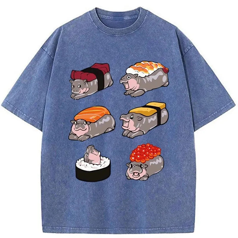 bbb Cute Hippo Sushi Washed T-Shirt