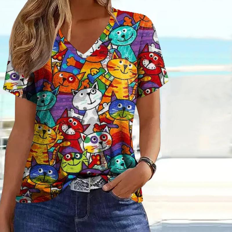 Colorful Cat Print Women's T-Shirt, Short Sleeve V-Neck Cotton Blend Top for Spring and Summer Casual Wear