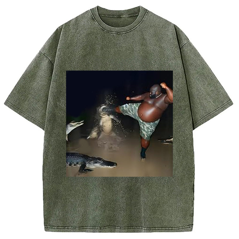 bbb Man Kick Alligator In Swamp Funny Washed T-Shirt