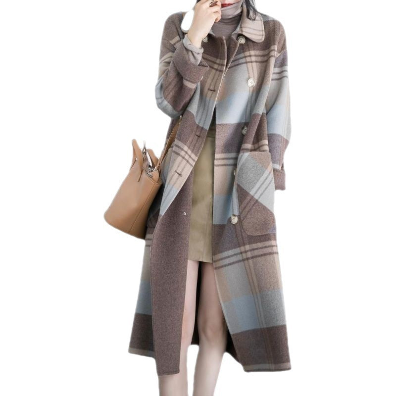 Warm Women's Checked Wool Mid-Length Coat - Double-Breasted