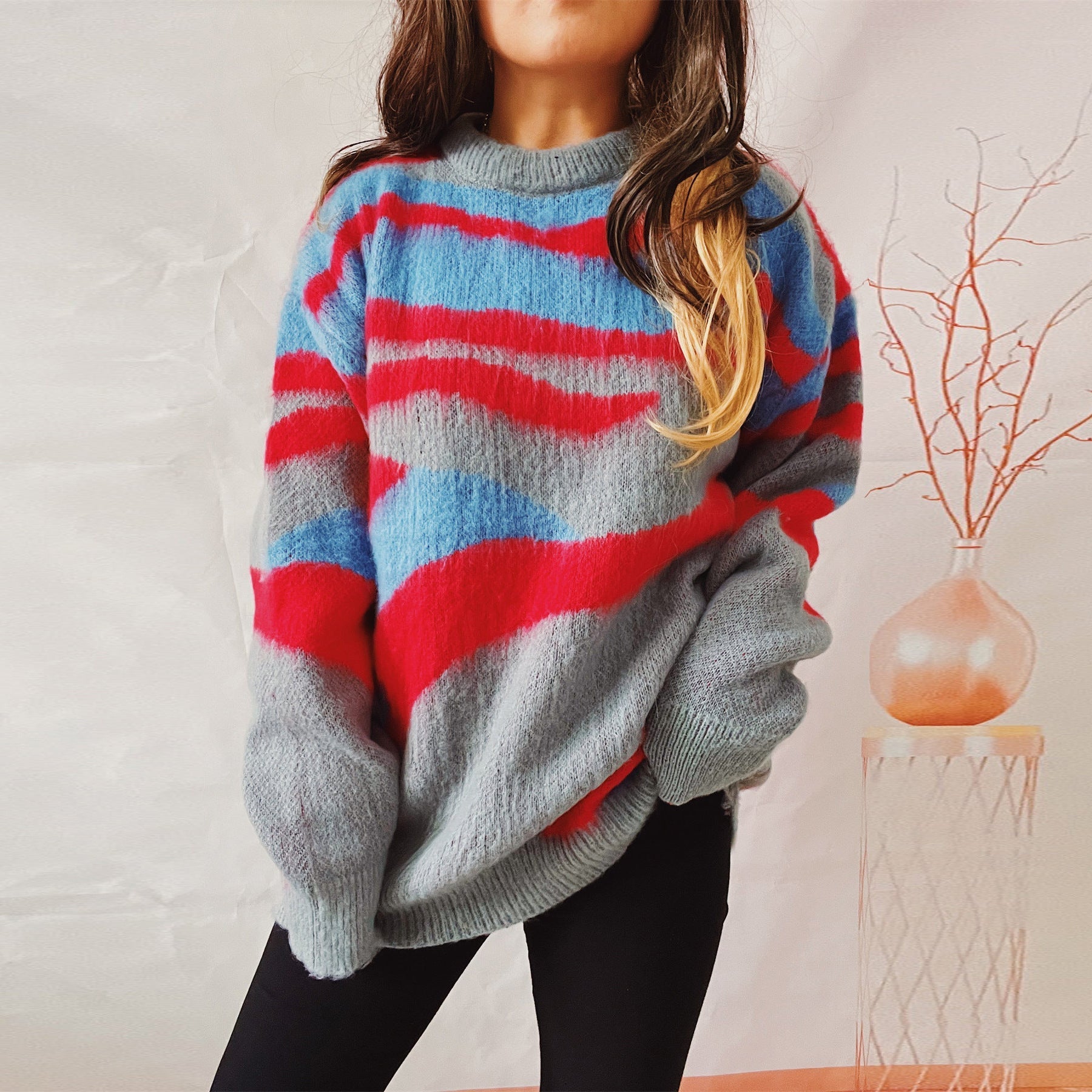 Oversized Women Sweater - Irregular Striped, Knit, Casual