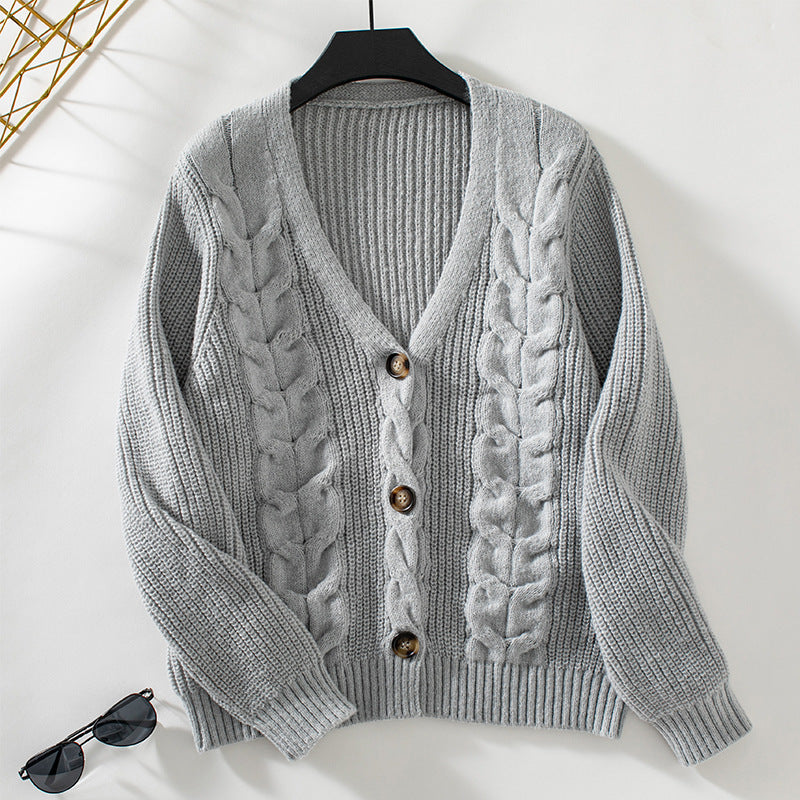 Oversized Women’s Cardigan - Twist Cable Knit V Neck Fall