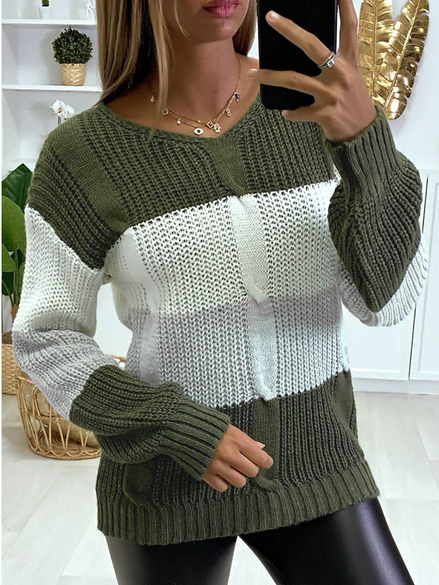Soft Flattering Women V Neck Sweater - Colorblock Knit
