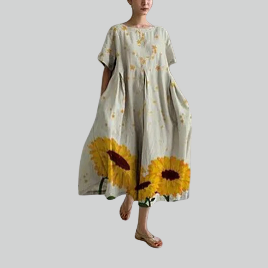 Fashion Lady Short Sleeve Loose Maxi Dress - Retro Flower Print Pocket Party Dress