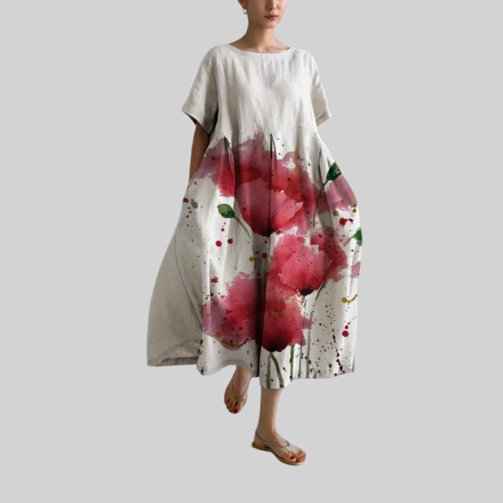 Fashion Lady Short Sleeve Loose Maxi Dress - Retro Flower Print Pocket Party Dress