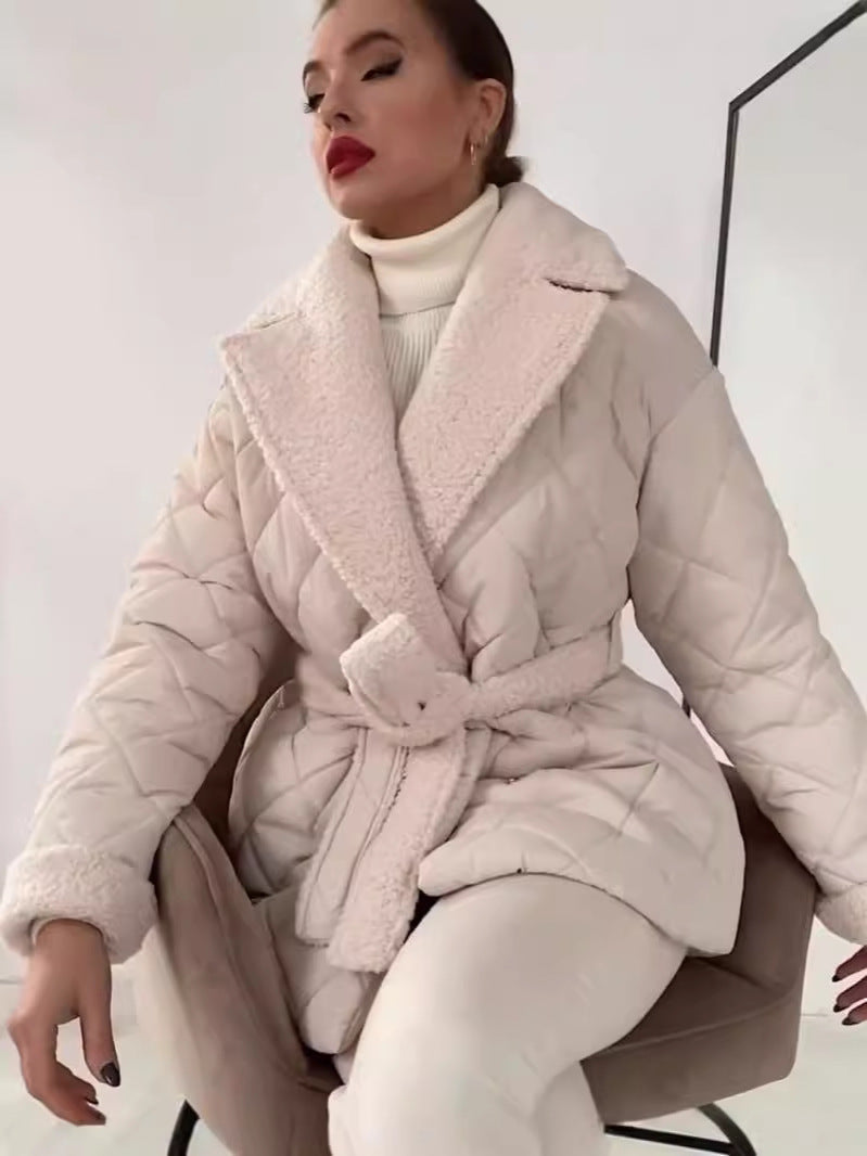 Warm Womens Coat - Quilted Sherpa Lapel, Belted Winter