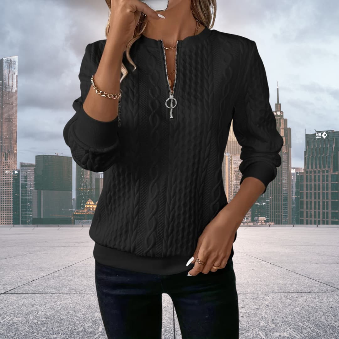 Stylish Women's Sweater with Flattering Fit, Modern Zipper Detail, and Unique Knitted Design in Multiple Colors