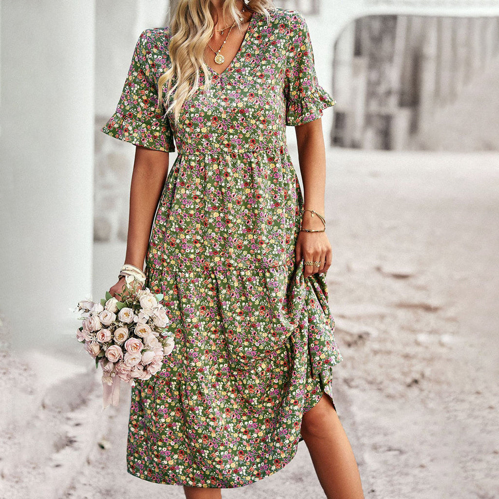 Elegant Floral Print Midi Dress - Versatile Summer Wedding Guest Dress for Work and Social Occasions